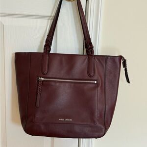 Vince Camuto Deep Sugar Plum 100% Leather Tote. Stylish braided shoulder strap.